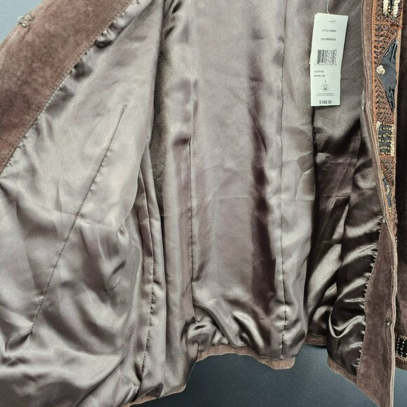 Laura Ashley Nubuck Leather Blazer Jacket L Brown Beaded Sequin Embroidered New - Picture 9 of 13